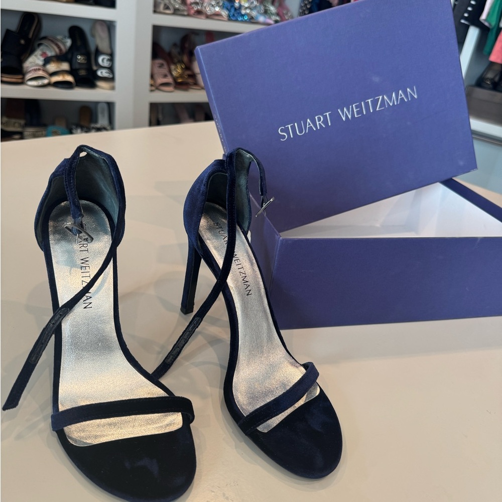 Stuart Weitzman navy blue suede barely there high heel sandals 37.5
